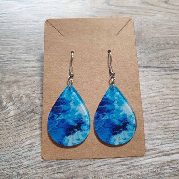 Women Blue Ocean Inspired Teardrop Earrings Boho Beach Core Gift Silver Hooks - Picture 1 of 3